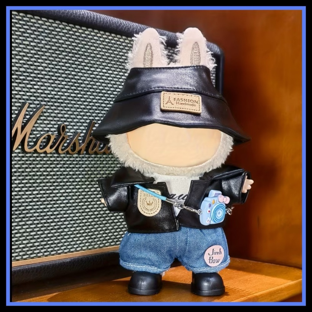 Cute Labubu with Black Hat, Vest and Denim Outfit, including accessories